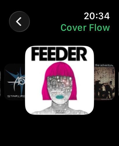 Cover Flow browsing on the Watch with the focused album enlarged