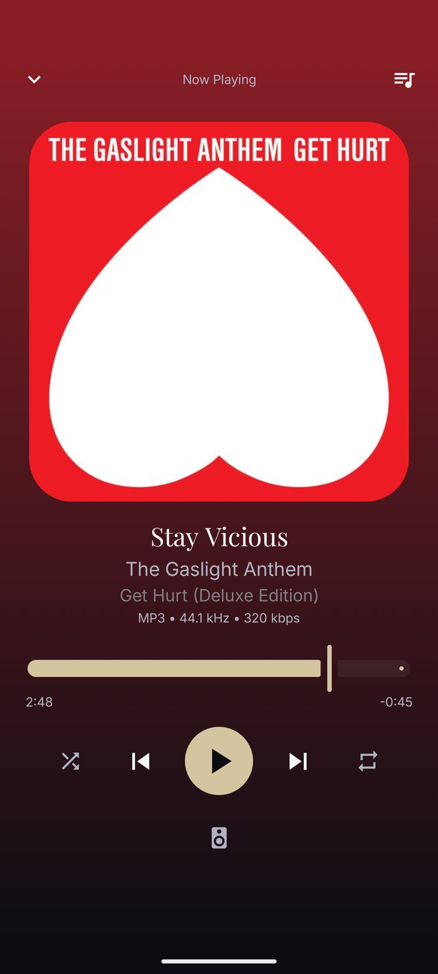 Now Playing on Android: large artwork on a background tinted from it, track, artist and album, the audio format, a scrubber, transport controls and the output button.