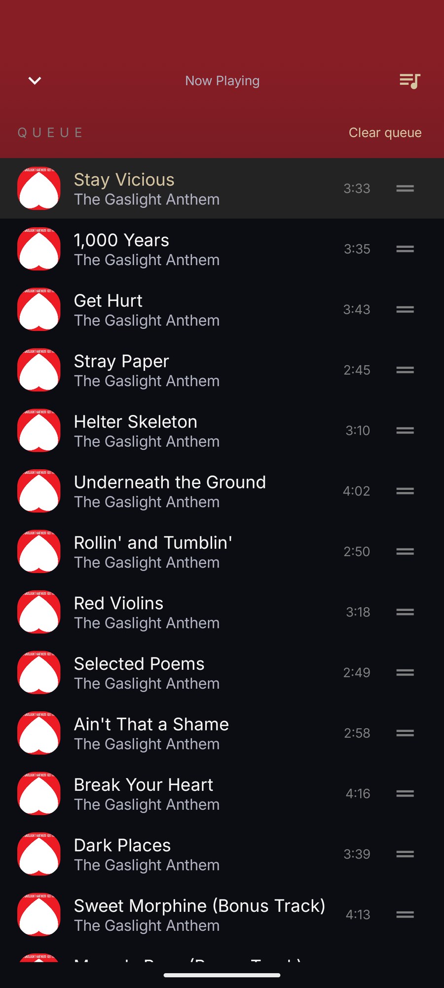 The playback queue on Android: the current track highlighted at the top, the tracks to come with durations, drag handles to reorder them, and Clear queue.