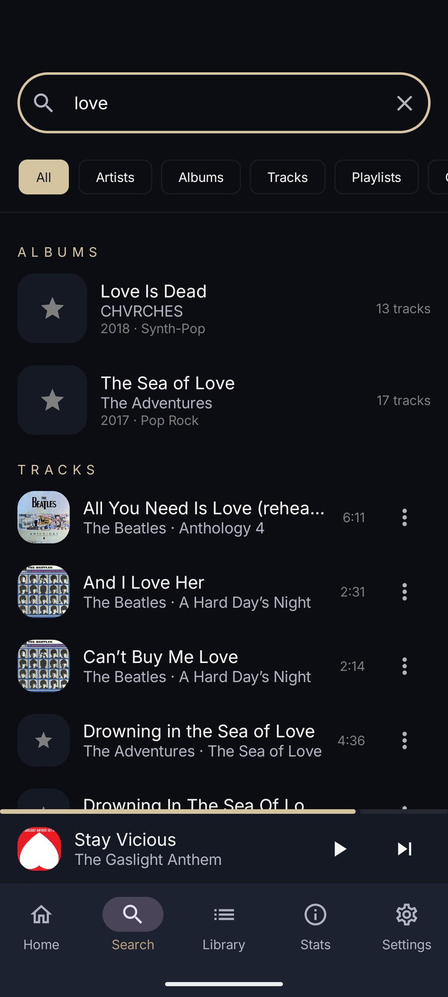 Search on Android: results for a word grouped into albums and tracks, with filter chips for artists, albums, tracks, playlists and collections.