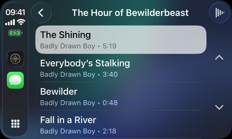 An album track list in CarPlay with track titles, artist and durations.