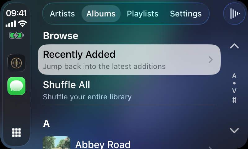 Kanora in CarPlay: Artists, Albums, Playlists and Settings tabs, Recently Added and Shuffle All shortcuts, and the album list.