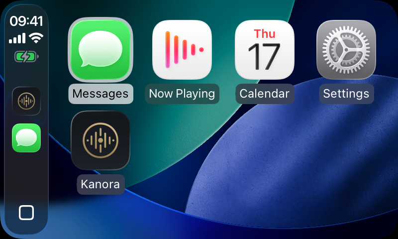 The CarPlay home screen with the Kanora app icon alongside the built-in apps.