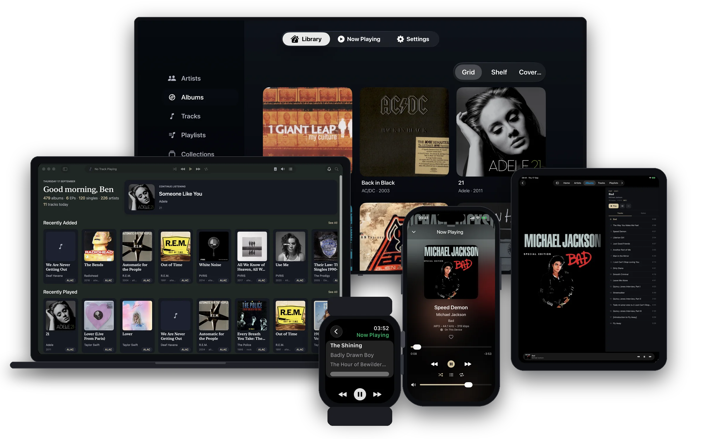 Kanora running on an Apple TV, a MacBook, an iPad, an iPhone and an Apple Watch, each showing a different screen of the same music library.