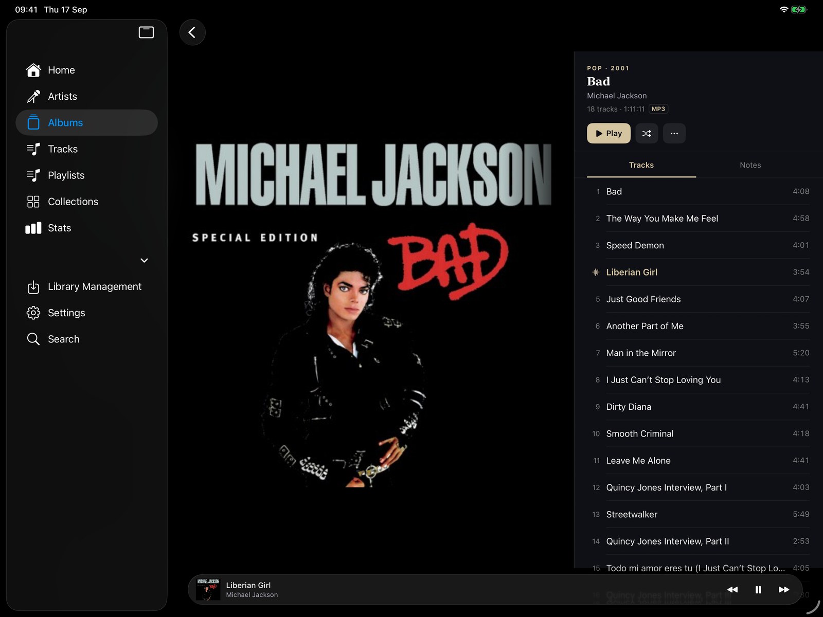 An album on iPad in landscape: sidebar, large artwork and the full track list side by side.