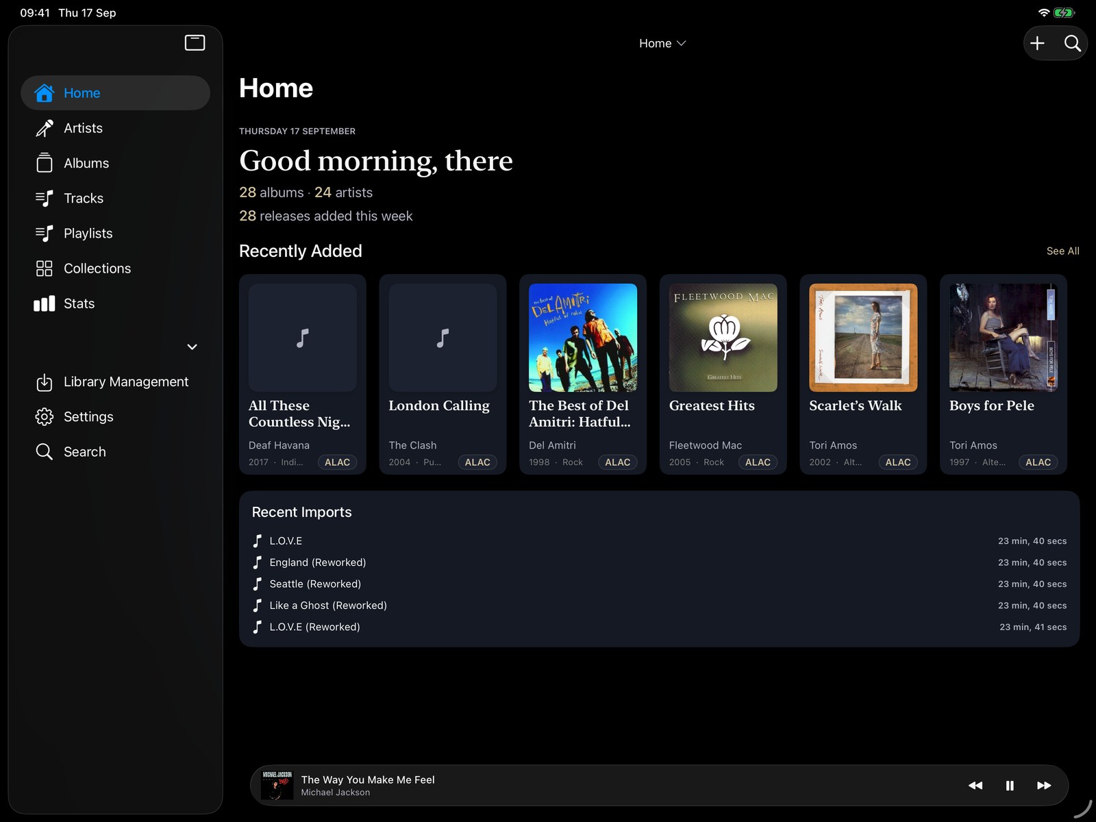 Kanora on iPad in landscape: a sidebar, the Home screen with library totals, a Recently Added row and a Recent Imports list.