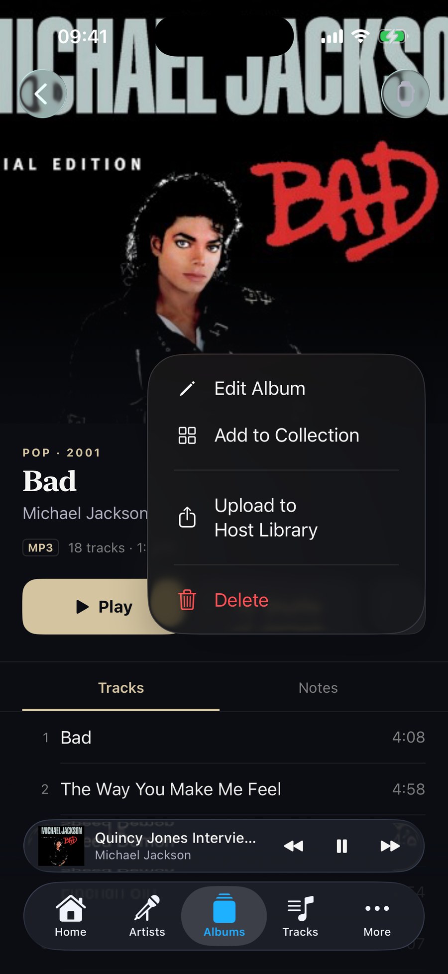The album action menu on iPhone: Edit Album, Add to Collection, Upload to Host Library and Delete.