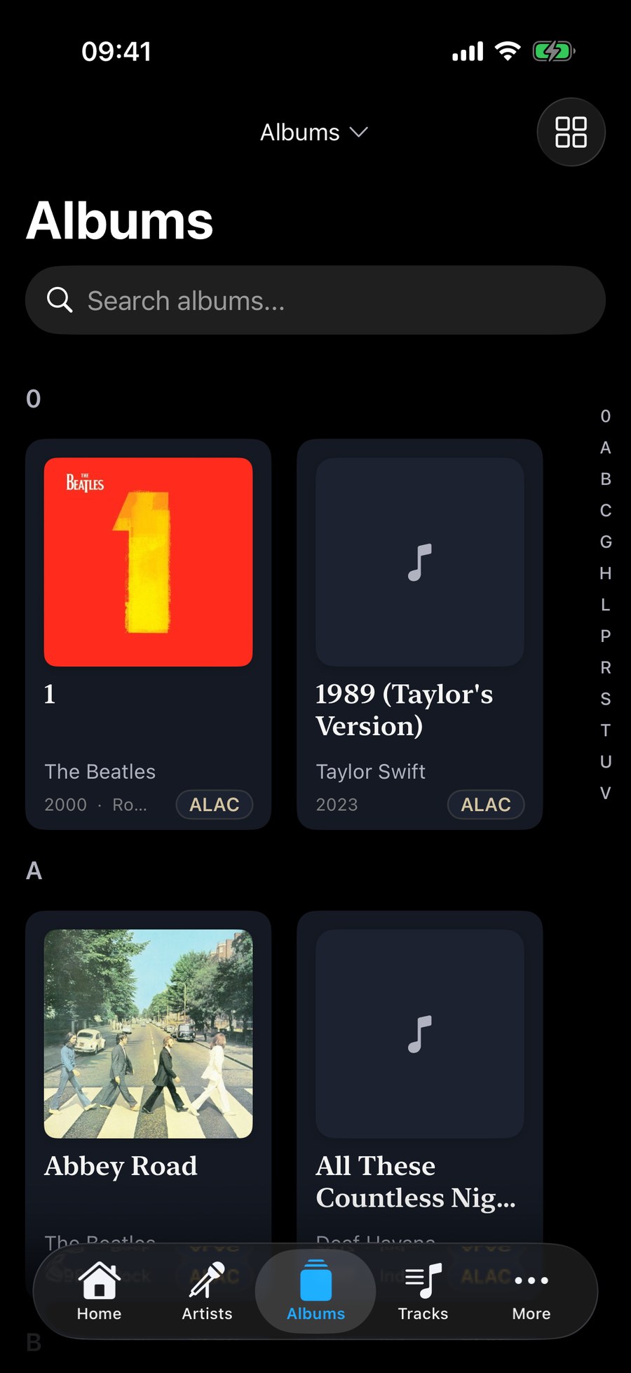 The iPhone album grid in alphabetical sections with an A–Z index and a mini player at the bottom.