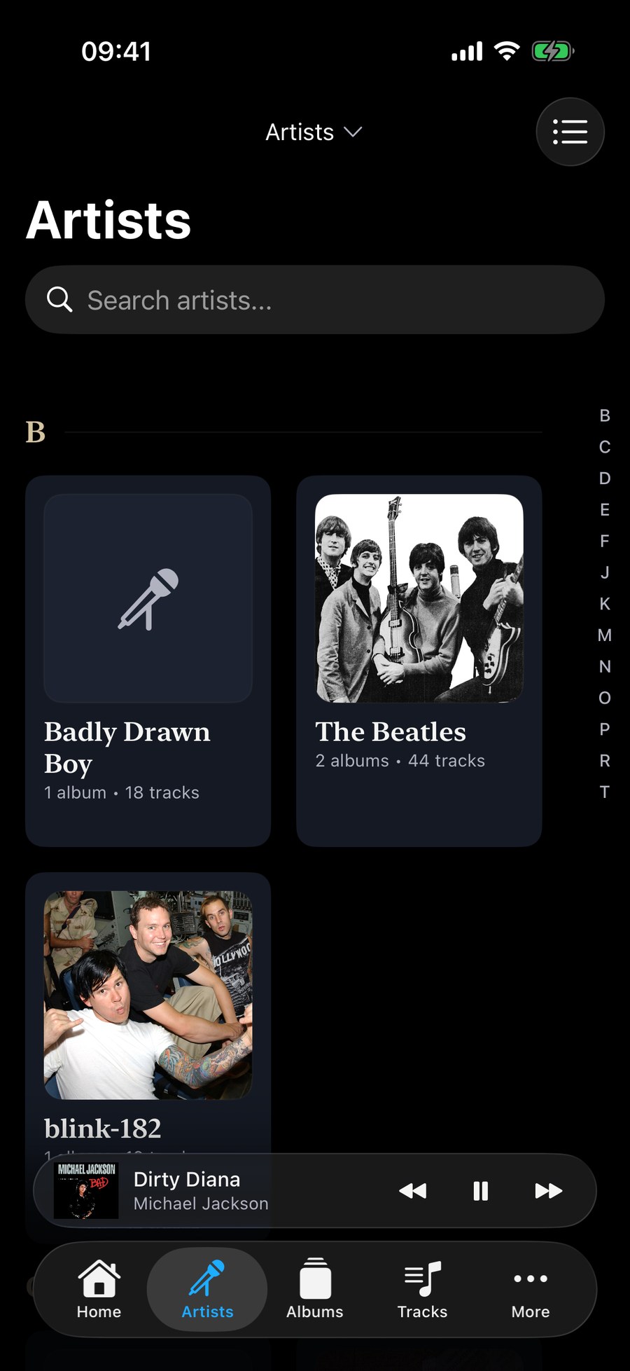 The iPhone artist grid with artist photographs and album and track counts.