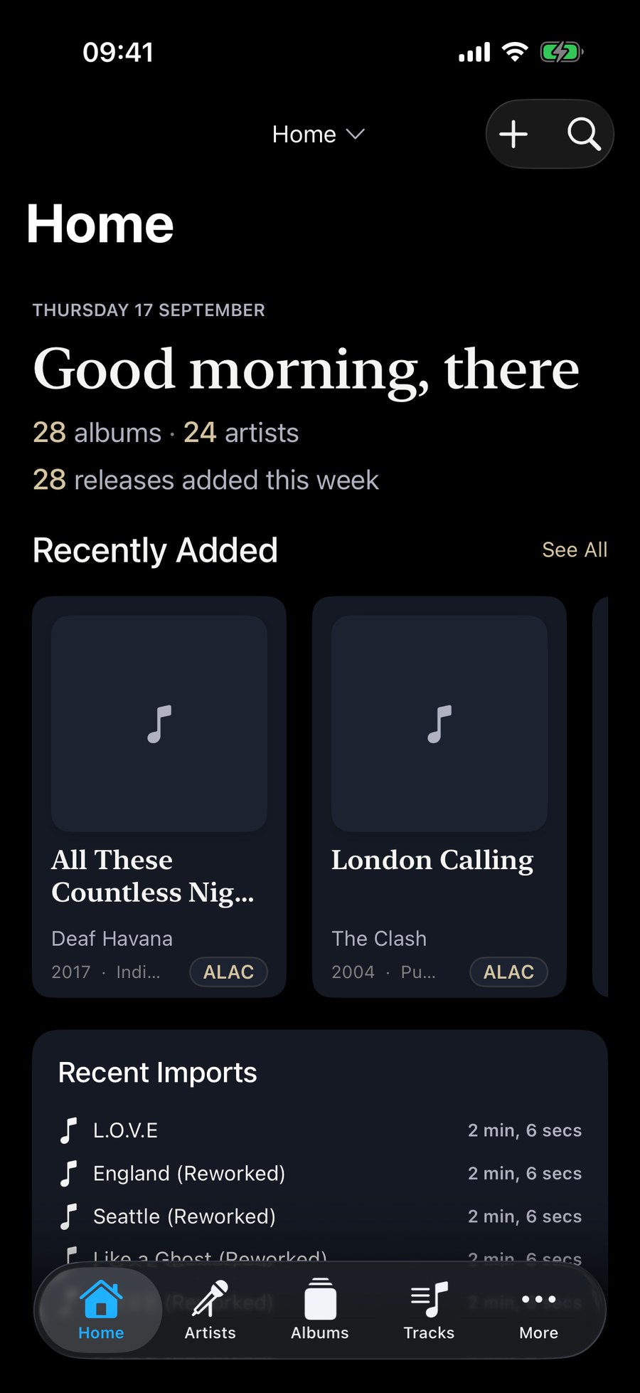 Kanora on iPhone: the Home screen with a greeting, library totals, and a Recently Added row of album artwork.