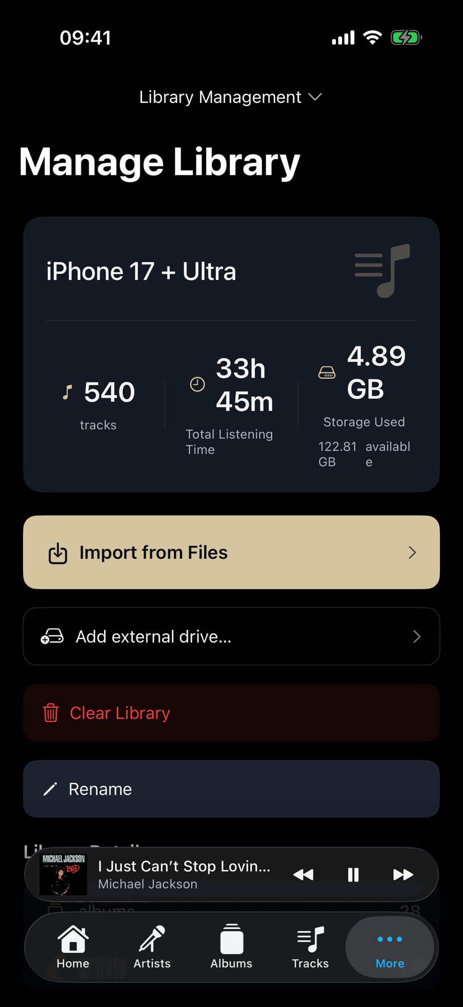 Manage Library on iPhone: track count, total listening time and storage used, with Import from Files, Add external drive, Clear Library and Rename.