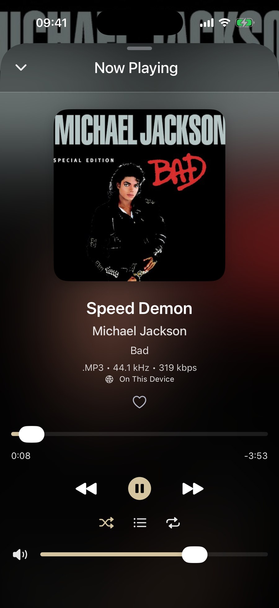 Now Playing on iPhone with artwork, track, artist and album, the file format and sample rate, a scrubber, transport controls and a volume slider.
