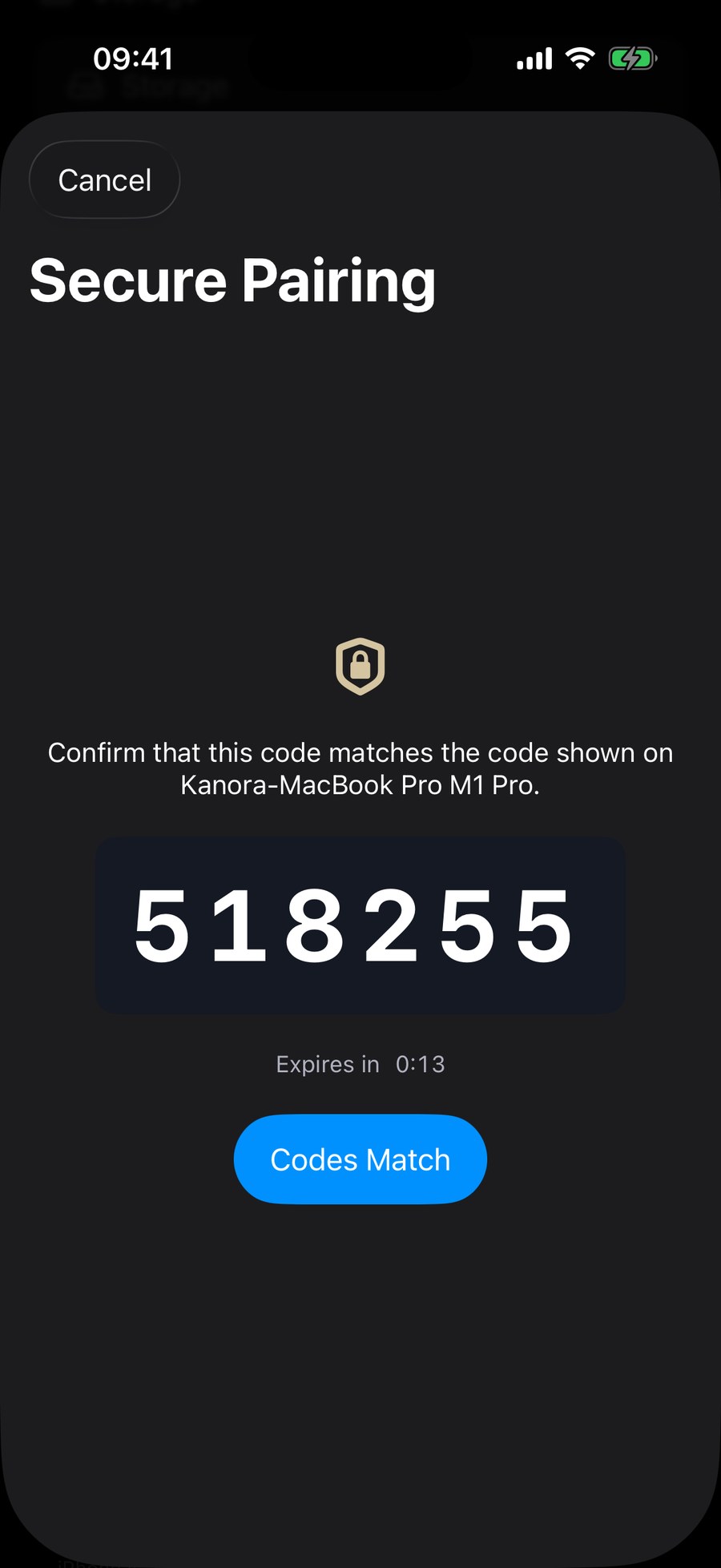 Pairing an iPhone with a Mac host: a six-digit code shown on the phone to compare with the Mac before confirming.