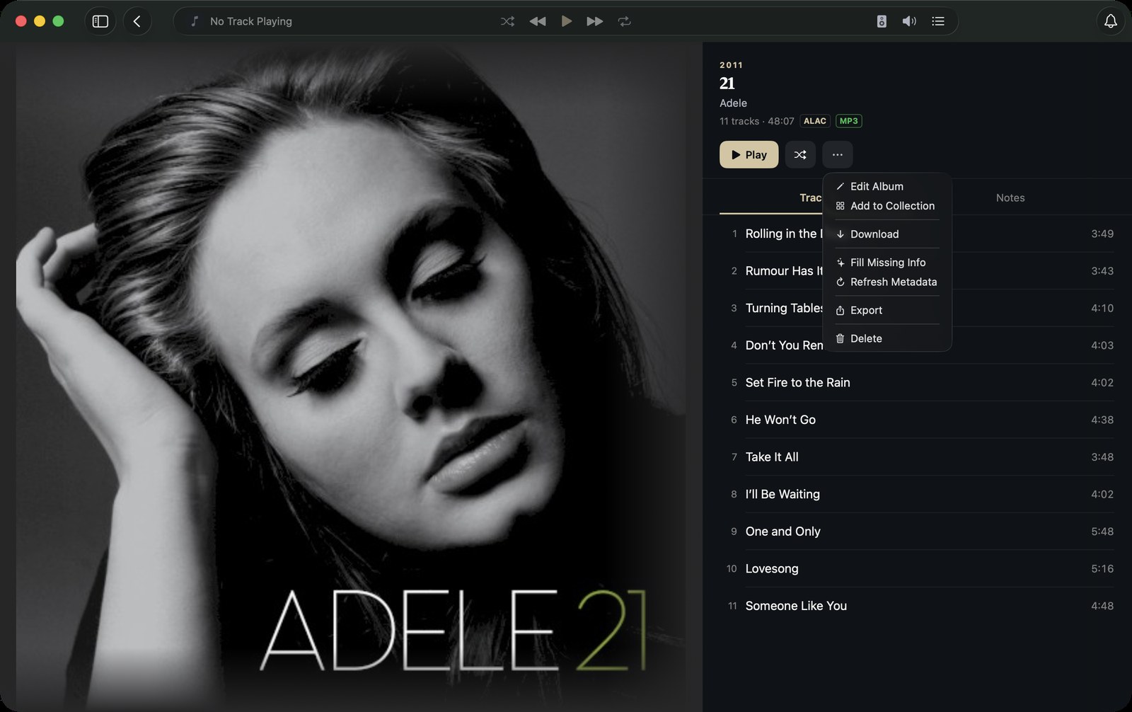 The album action menu on the Mac: Edit Album, Add to Collection, Download, Fill Missing Info, Refresh Metadata, Export and Delete.