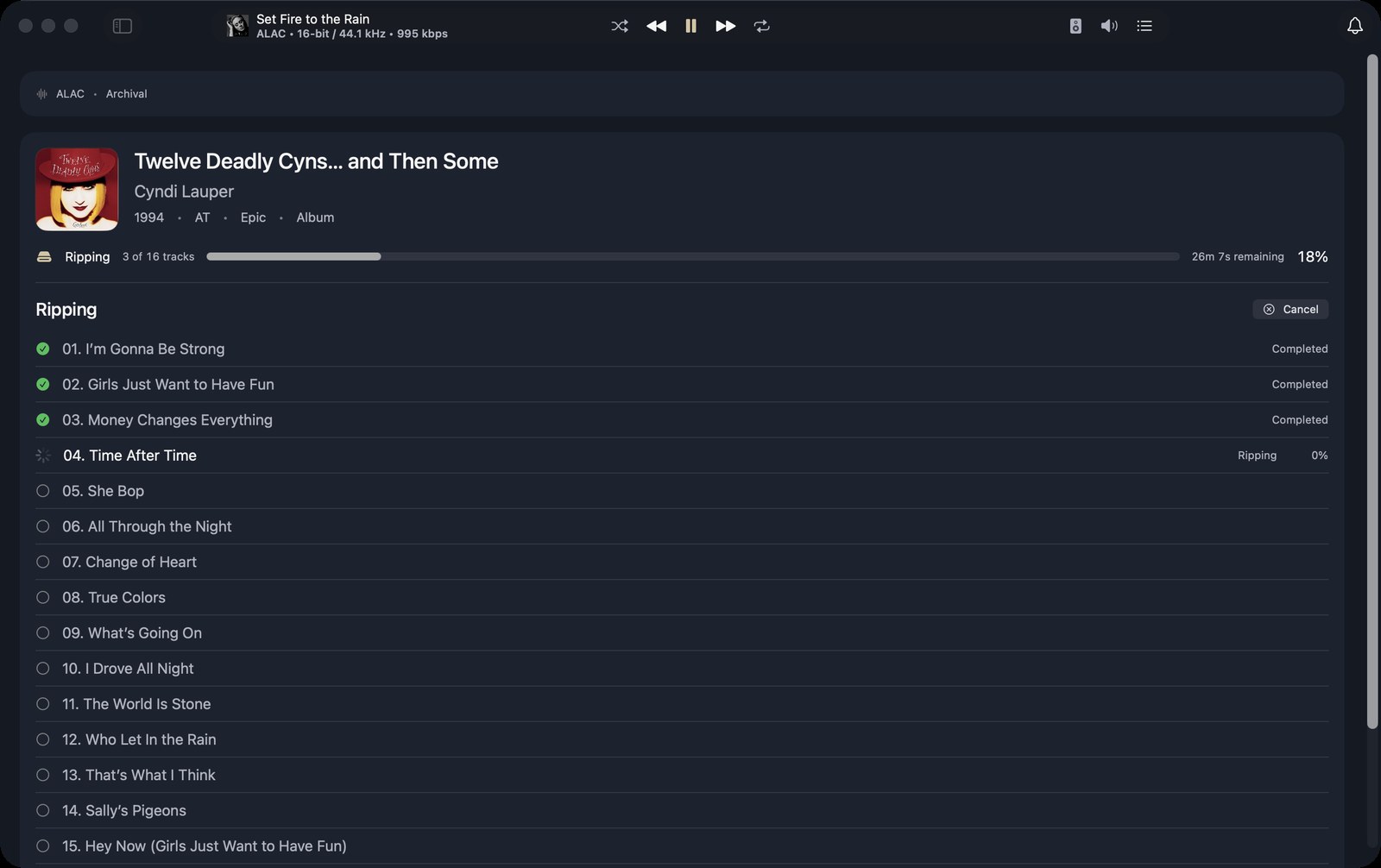 A rip in progress on the Mac: three tracks completed, the fourth ripping, an overall progress bar with time remaining, and a Cancel button.