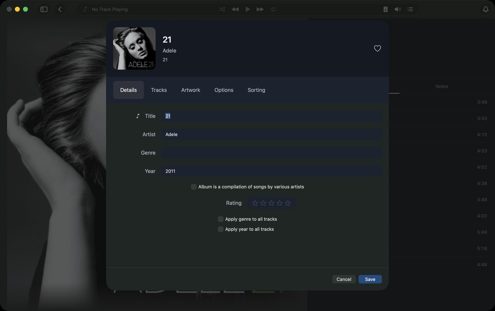 The album editor sheet on the Mac with Details, Tracks, Artwork, Options and Sorting tabs, and fields for title, artist, genre, year and rating.