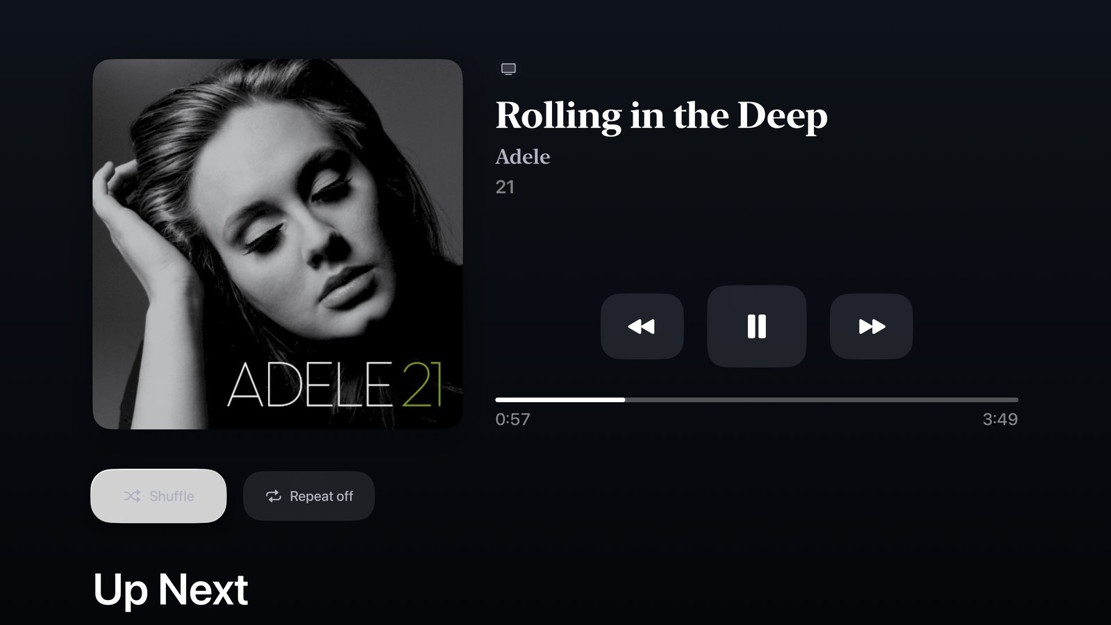 Now Playing on Apple TV: large artwork, track, artist and album, transport controls, a progress bar and Up Next.