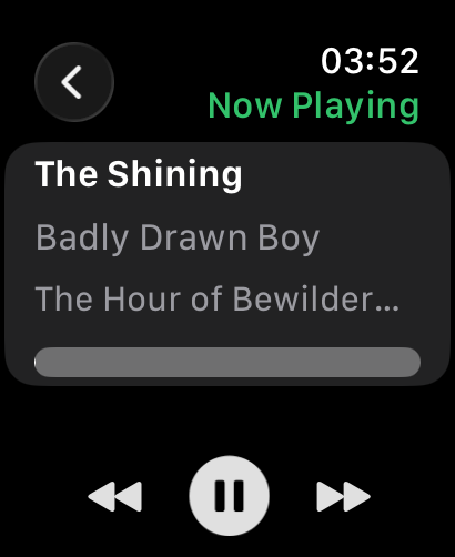 Now Playing on the Watch: track, artist and album, a progress bar and previous, pause and next controls.