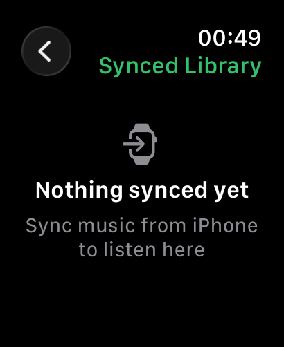 The Synced Library on the Watch before any music has been sent from the iPhone.